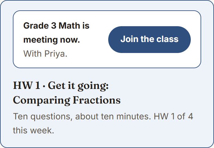 The home page while the class is on. It sits above the homework for the hour it meets.