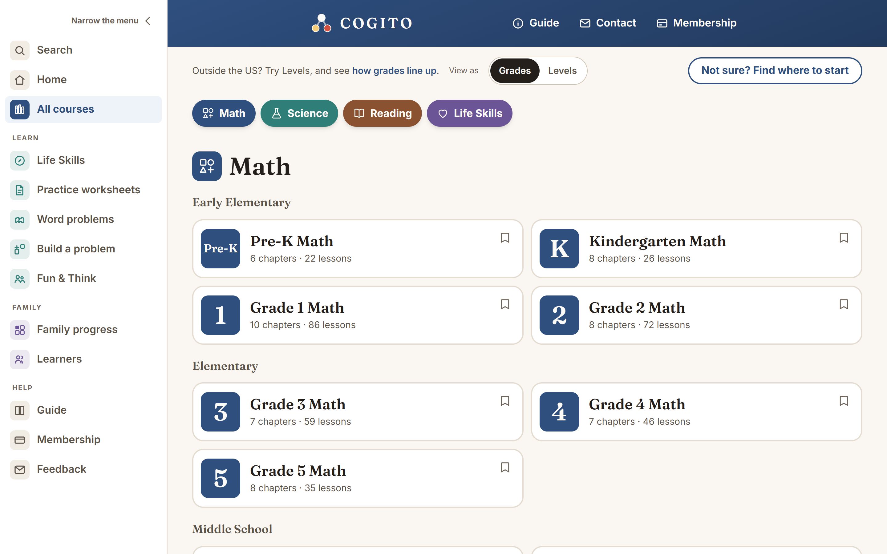 The All courses page.