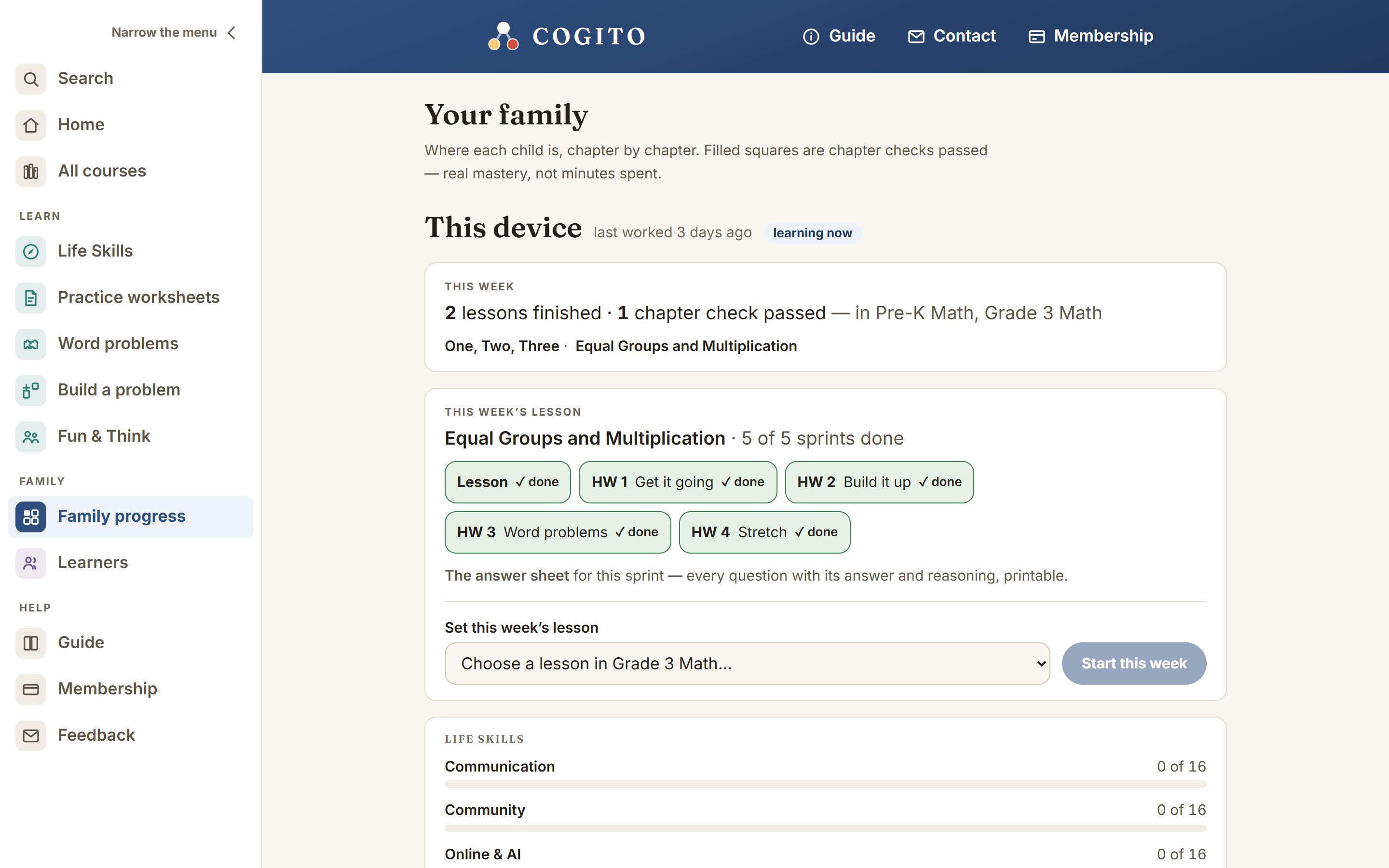 The family page: one row per course, with a filled square for each chapter check passed.