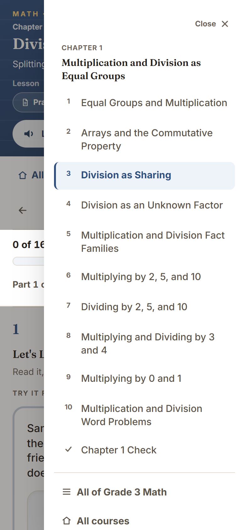 The same list on a phone, opened from the button in the corner.