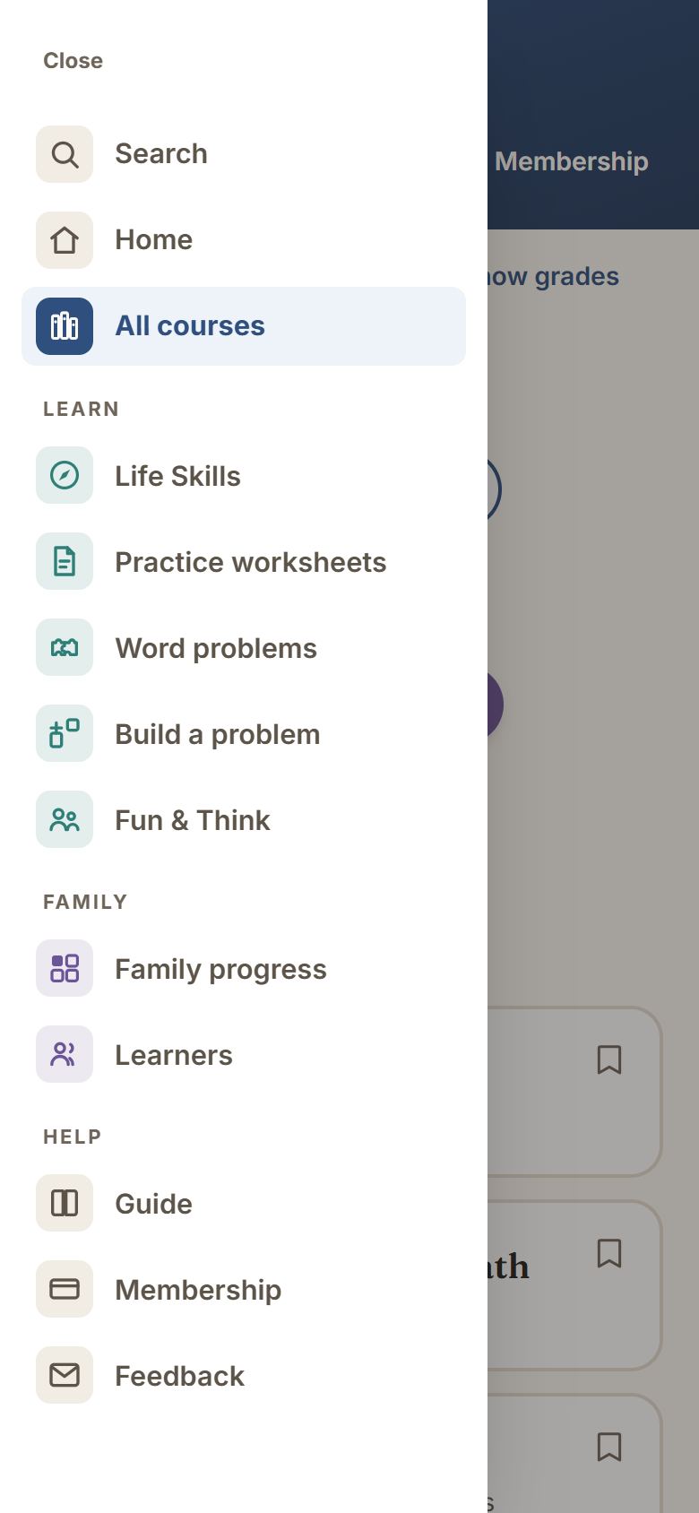 The menu on a phone, opened from the button at the top left.