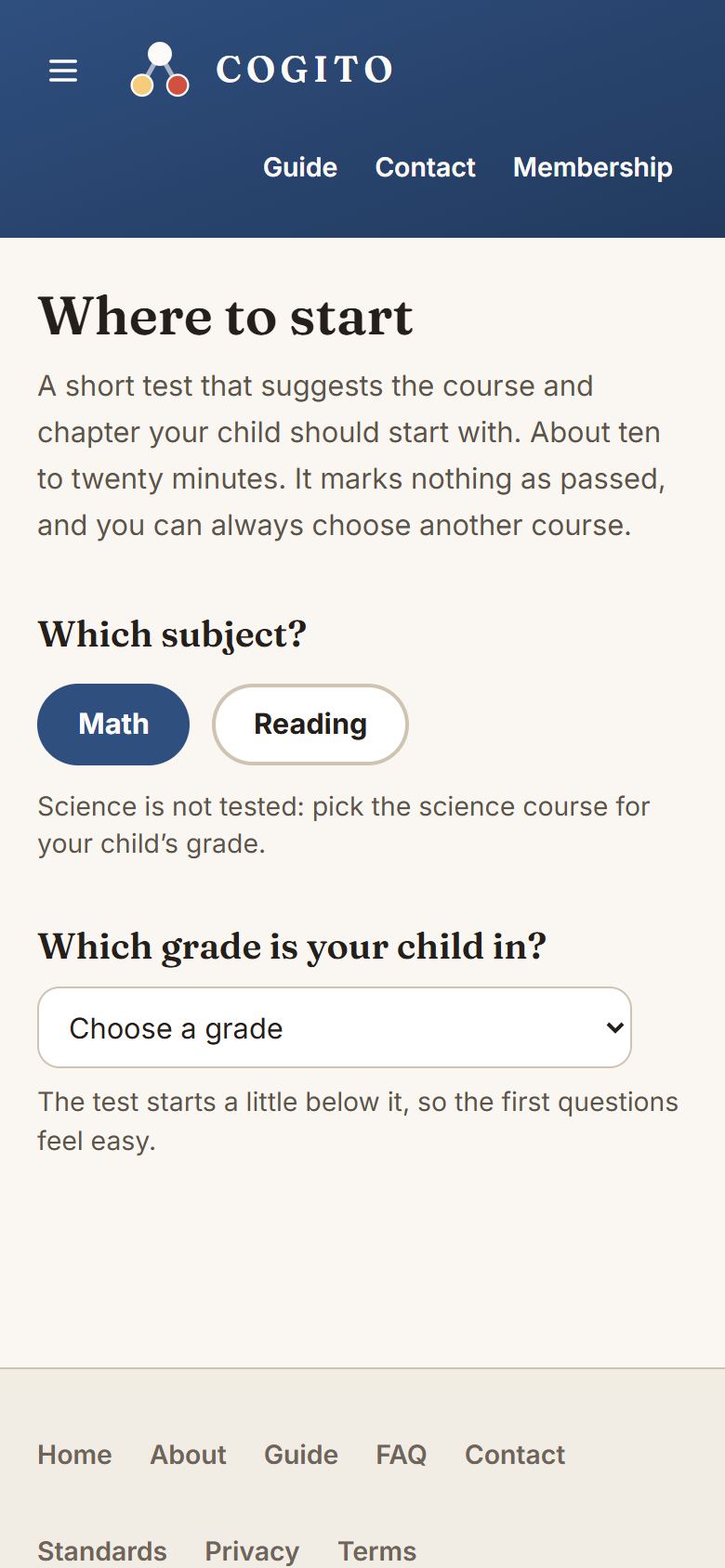 Where to start: choose math or reading, and the grade.