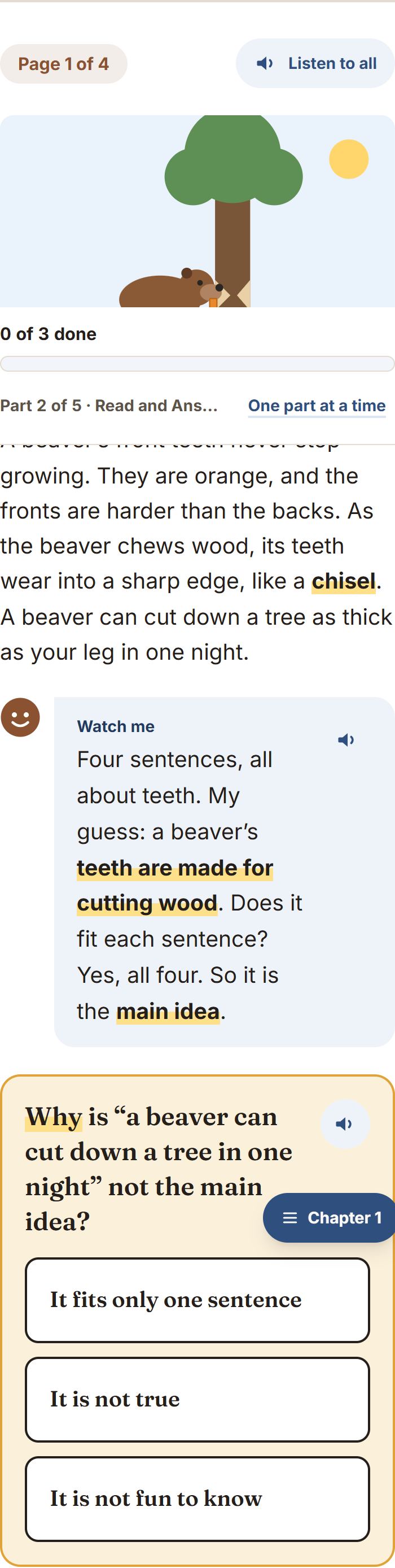 One part of the story, the tutor's line, and one question.