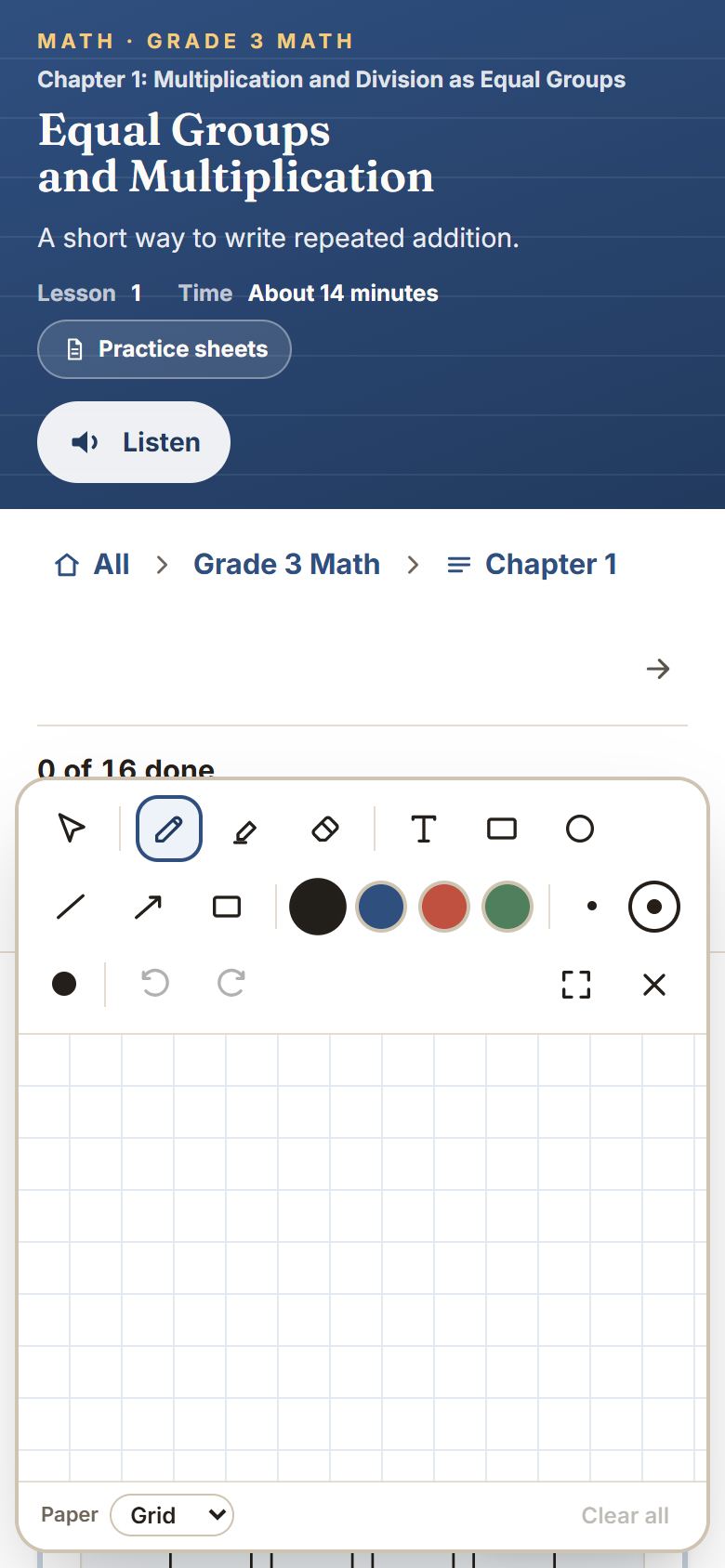 The pad, opened on a lesson. It covers part of the page and closes again when you are done.