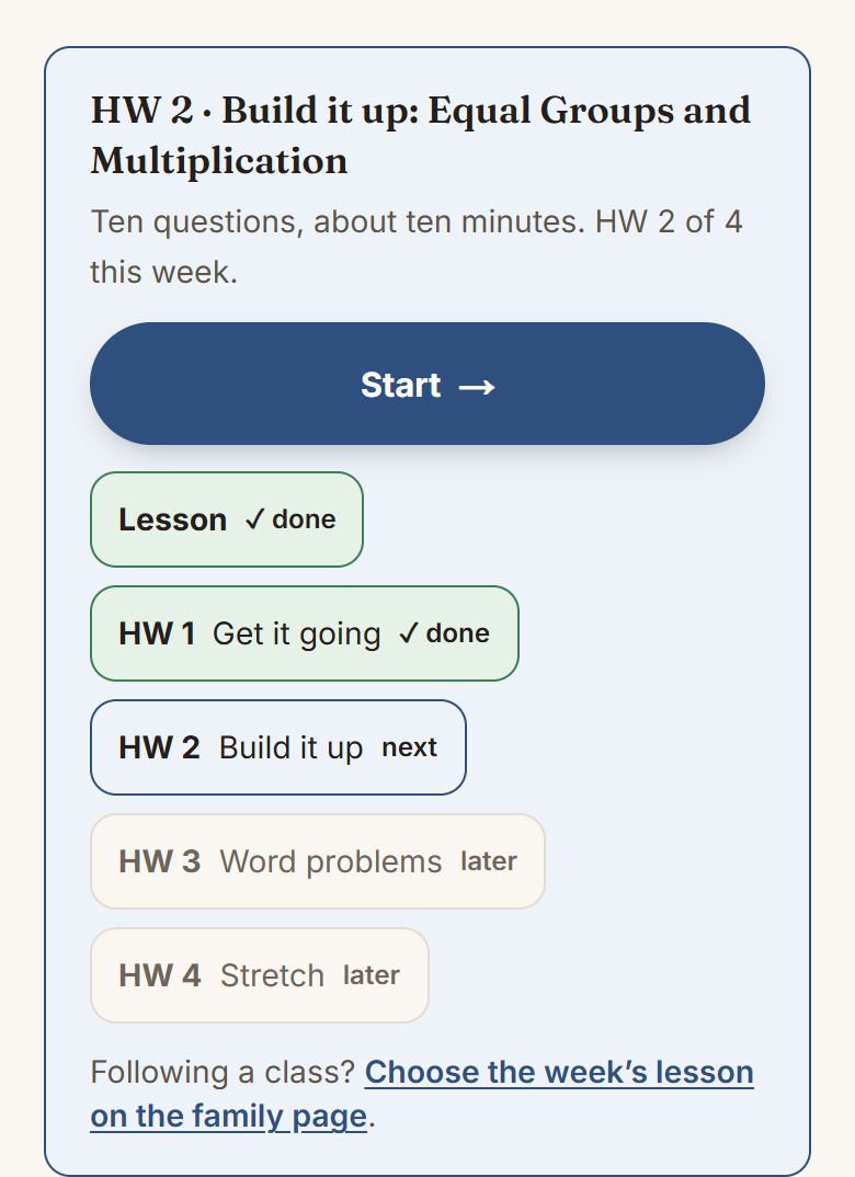 The Today panel at the top of the home page: the homework, the lesson, and the five slips.